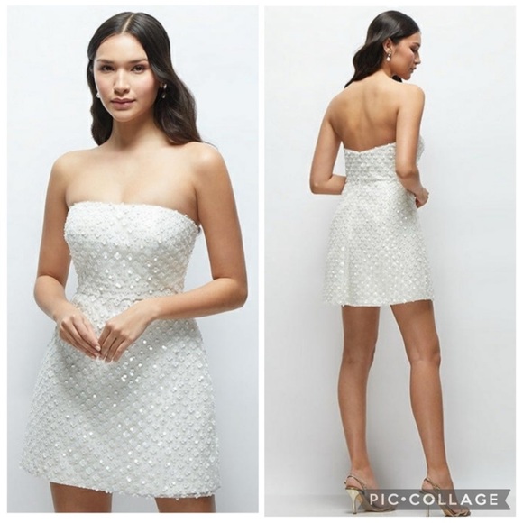 Dessy Collection Pearl Sequins Strapless Mini Dress White 2 - Picture 1 of 9